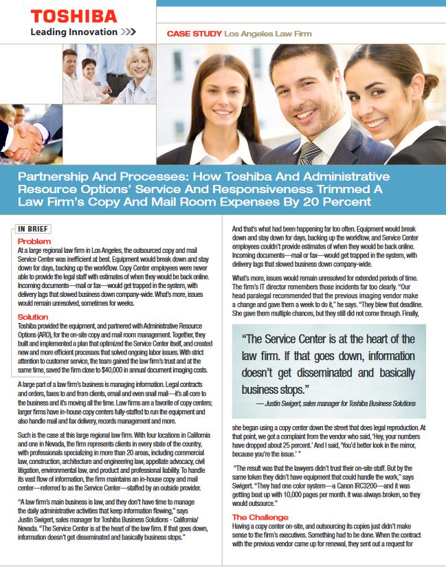 Law Firm, Success Story, Industry Solutions, Vertical Markets, Legal, Toshiba, LA Office Solutions